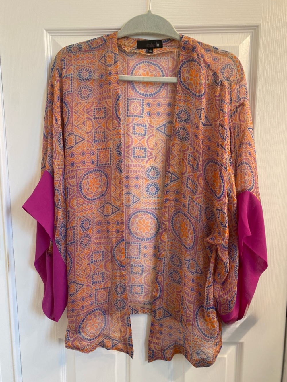 Women’s Printed Open-Front Kimono Jacket - Pink & Orange & Blue